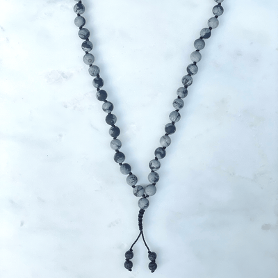 Lava Rock and Snowflake Obsidian Mala, limited edition 108, hand strung in Rishikesh